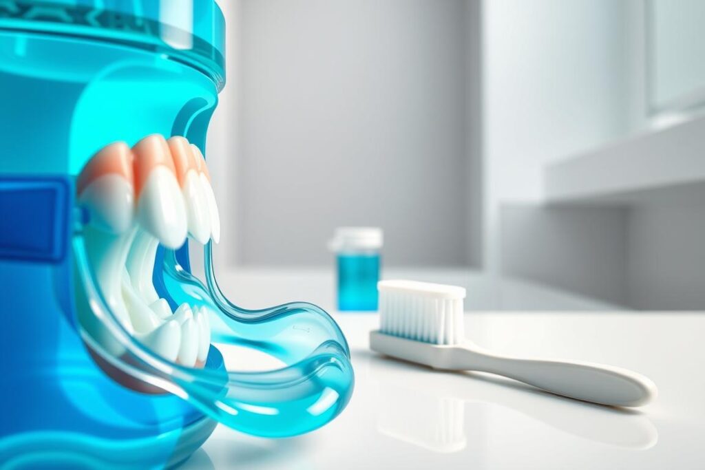 A high-resolution, detailed digital illustration showcasing "plaque prevention" in the context of oral hygiene. The foreground features a close-up view of a set of healthy, white teeth, with a vibrant blue mouthwash solution gently swirling around them. In the middle ground, a toothbrush and dental floss are prominently displayed, conveying the complementary nature of these oral care tools. The background depicts a serene, minimalist bathroom setting, with clean lines and a calming color palette. The overall atmosphere is one of visual clarity, cleanliness, and the importance of a comprehensive oral hygiene routine. The lighting is soft and diffused, emphasizing the smooth textures and clean lines of the composition.