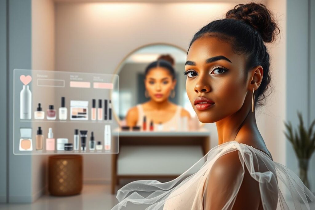 A high-resolution, detailed image of a virtual beauty try-on experience. In the foreground, a youthful, diverse female model with natural-looking skin and features, wearing a flowing, gossamer dress that appears to shimmer as if it's reacting to movement. Her expression is serene and confident. In the middle ground, a range of virtual makeup, haircare, and skincare products float in an ethereal, holographic display, inviting the viewer to explore. The background is a softly-lit, minimalist room, with a large, central mirror that reflects the model's image, creating a sense of depth and interactivity. The overall atmosphere is one of modern, high-tech elegance, showcasing the future of personalized beauty experiences.