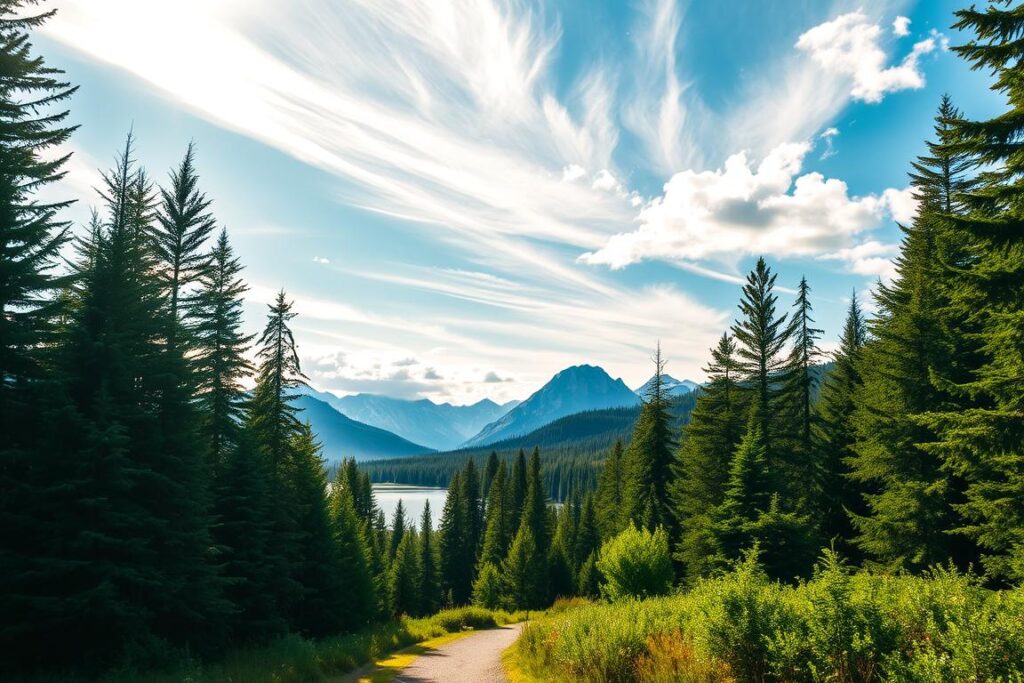 A lush, verdant landscape unfolds, with towering evergreen trees casting dappled shadows across a winding trail. In the foreground, a serene lake reflects the surrounding forest, its calm waters mirroring the tranquil atmosphere. Wispy clouds drift overhead, bathing the scene in warm, golden sunlight that filters through the canopy, creating a cozy, inviting ambiance. In the distance, rugged mountains rise, their peaks capped with snow, adding a sense of grandeur and adventure to the idyllic retreat. The overall composition evokes a sense of tranquility, inviting the viewer to escape the hustle and bustle of everyday life and immerse themselves in the beauty of the great outdoors.
