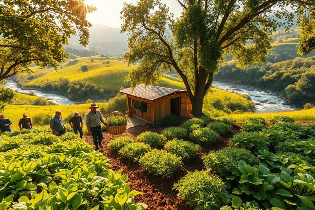 A lush, verdant landscape with rolling hills and a flowing river in the distance. In the foreground, a group of farmers carefully tending to a variety of organic crops, their hands gently caressing the soil. Sunlight filters through the canopy of trees, casting a warm, golden glow over the scene. In the middle ground, a small, rustic wooden structure stands, its walls adorned with hanging herbs and spices. Nearby, a farmer carries a woven basket overflowing with freshly harvested produce. The atmosphere conveys a sense of harmony and sustainability, reflecting the care and attention given to the natural ingredients. A wide-angle lens captures the scene, emphasizing the interconnectedness of the environment and the people who work in it.