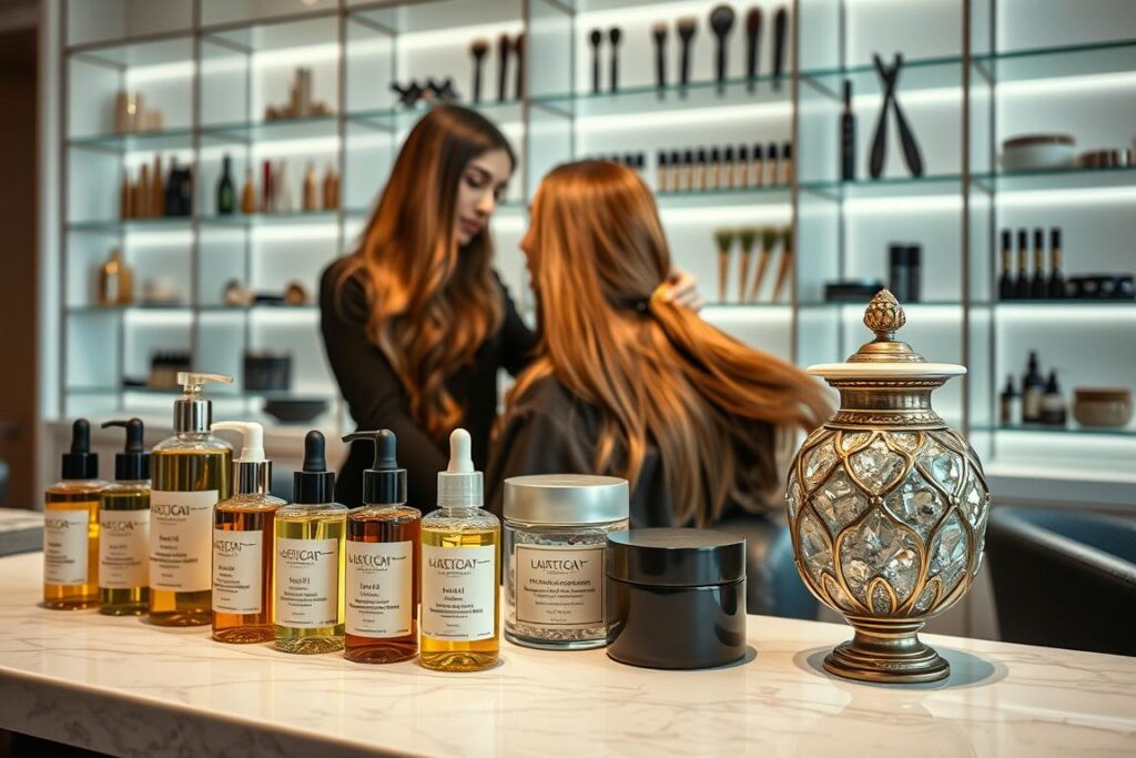 A luxurious salon setting with an elegant, modern aesthetic. In the foreground, a close-up view of various hair treatment products arranged artfully on a marble countertop, including oil serums, deep conditioning masks, and a ornate glass jar filled with shimmering hair crystals. The middle ground features a hairstylist's hands gently applying the treatments to the hair of a model with flowing, lustrous locks. Soft, diffused lighting creates a warm, inviting atmosphere, while a backdrop of minimalist shelving displays an array of high-end haircare tools and accessories. The overall mood is one of indulgence, pampering, and the transformative power of professional salon treatments.