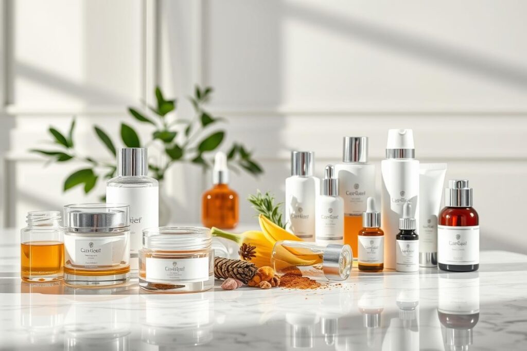 A luxurious still life of high-end skincare products artfully arranged on a marble table. The foreground features an array of glass jars, bottles, and tubes reflecting the soft, diffused lighting. In the middle ground, a selection of natural ingredients like botanicals, minerals, and essential oils. The background is a serene, minimalist setting with clean lines and neutral tones, allowing the products to take center stage. The overall atmosphere is one of sophistication, science, and efficacy - capturing the essence of "The Science Behind Formulations" for this premium skincare line.