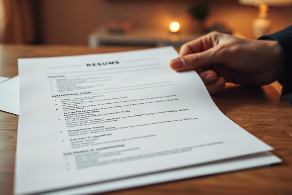 A mesmerizing image of resume tailoring. In the foreground, a skilled tailor's hands delicately adjusting the fabric of a crisp, white resume, meticulously aligning the edges and creases. The middle ground features a selection of carefully curated job descriptions, each one a unique opportunity to be highlighted and showcased. In the background, a subtle yet elegant office setting, with warm lighting casting a soft glow, creating an atmosphere of professionalism and attention to detail. The composition emphasizes the importance of customizing one's resume for each job application, a key element in standing out in the competitive job market.