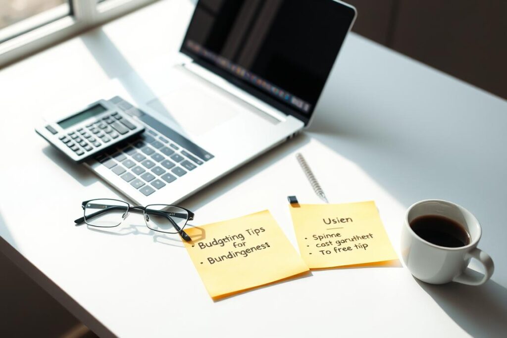 A minimalist desk setup with a laptop, a notebook, and a calculator. Soft, natural lighting illuminates the scene from an overhead window, casting gentle shadows. The desktop is neatly organized with a few budgeting tips handwritten on sticky notes, alongside a pair of reading glasses and a cup of coffee. The background is blurred, allowing the key elements to take center stage, conveying a sense of focus and productivity. The overall atmosphere is calm, organized, and conducive to financial planning.