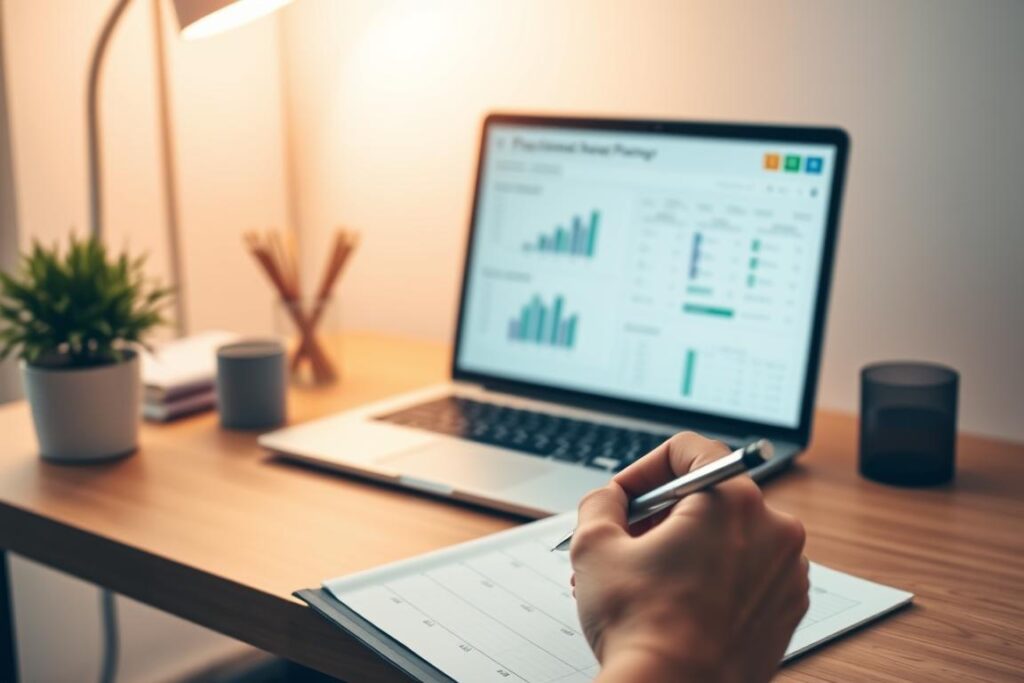 A minimalist office setting with a wooden desk, a laptop, a pen holder, and a potted plant. The desktop displays a financial planning interface with charts, graphs, and budget categories. The lighting is soft and warm, creating a contemplative atmosphere. In the foreground, a hand holds a pen, poised to make notes on a planner page. The background is blurred, focusing the viewer's attention on the financial planning process. The overall scene conveys a sense of focused, intentional financial goal-setting.