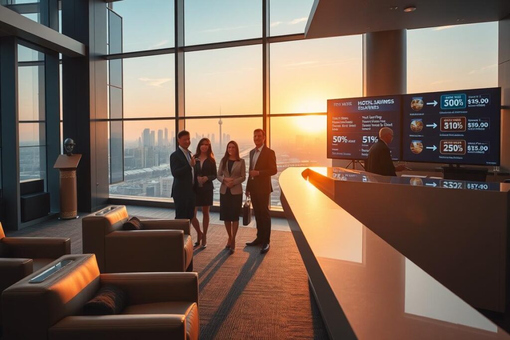 A modern, elegantly designed hotel lobby with floor-to-ceiling windows overlooking a serene city skyline at golden hour. Plush leather armchairs and a sleek, minimalist check-in counter in the foreground. Soft ambient lighting casts a warm glow across the room, highlighting the chic, contemporary decor. In the middle ground, a group of well-dressed businesspeople and leisure travelers check in, their faces exuding a sense of satisfaction and relaxation. In the background, a digital screen displays various hotel deals and discounts, emphasizing the idea of "hotel savings". The overall scene conveys a sense of sophistication, comfort and value.