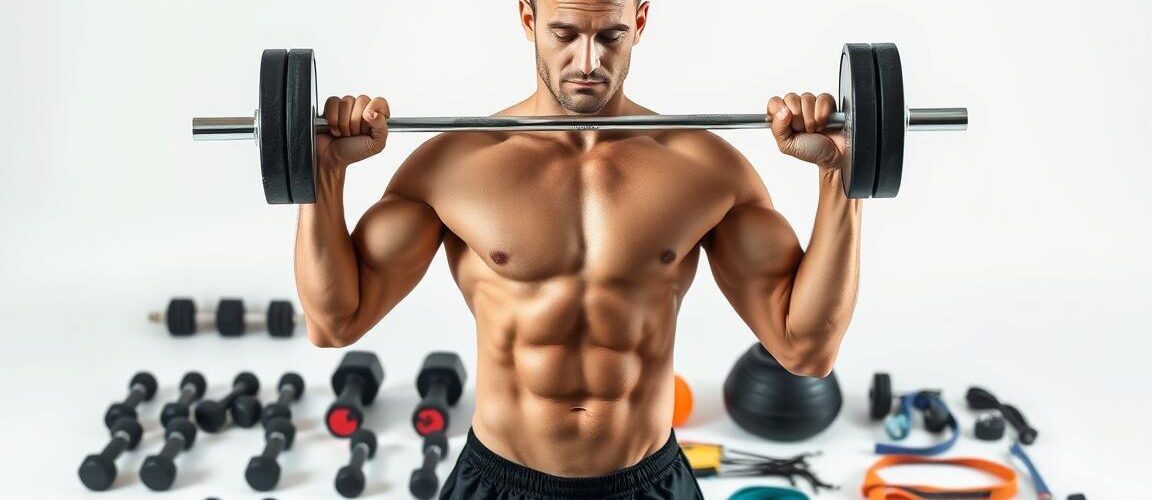 A muscular individual performing various strength training exercises against a clean, minimalist background. The foreground features a person in athletic attire executing a deadlift with proper form, their determined expression conveying the intensity of the workout. The middle ground showcases an array of dumbbells, resistance bands, and other strength training equipment, arranged in a visually appealing layout. The background is a plain, neutral-toned setting, allowing the focus to remain on the fitness subject and the essential equipment. Soft, directional lighting illuminates the scene, creating a sense of purpose and empowerment. The overall composition and styling evoke a instructional, yet inspiring, strength training guide.