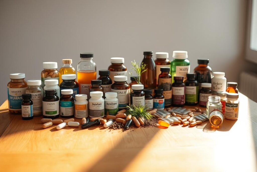 A neatly arranged display of various health supplements on a sleek, minimalist wooden table, bathed in warm, natural light. The foreground features an assortment of bottles, jars, and containers in a range of sizes and shapes, showcasing a variety of supplements such as vitamins, minerals, probiotics, and herbal extracts. The middle ground includes a few small plants or herbs, adding a touch of organic vibrancy to the scene. The background is softly blurred, creating a sense of depth and focus on the central arrangement. The overall composition conveys a sense of curation, quality, and the importance of making informed choices when selecting the right health supplements. A neatly arranged display of various health supplements on a sleek, minimalist wooden table, bathed in warm, natural light. The foreground features an assortment of bottles, jars, and containers in a range of sizes and shapes, showcasing a variety of supplements such as vitamins, minerals, probiotics, and herbal extracts. The middle ground includes a few small plants or herbs, adding a touch of organic vibrancy to the scene. The background is softly blurred, creating a sense of depth and focus on the central arrangement. The overall composition conveys a sense of curation, quality, and the importance of making informed choices when selecting the right health supplements.