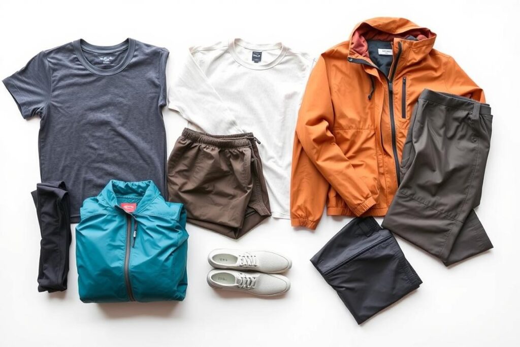 A neatly arranged selection of lightweight clothing items suitable for travel, including a minimalist t-shirt, a thin sweater, a pair of breathable shorts, a collapsible rain jacket, and a versatile pair of trousers. The items are displayed on a clean, white background, with soft, even lighting from the side to accentuate the textures and colors. The composition is well-balanced, with the clothing items strategically placed to create a visually appealing and informative image that showcases the art of packing light and efficiently for travel.
