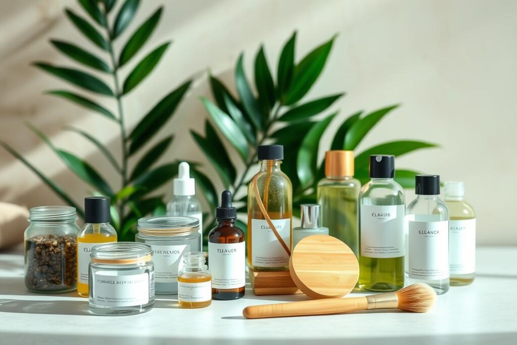A neatly arranged still life of clean beauty products, bathed in soft, natural lighting. In the foreground, an array of minimalist glass jars and bottles containing plant-based serums, lotions, and essential oils. The middle ground features an assortment of organic makeup essentials, such as a bamboo-cased compact and a wooden-handled makeup brush. In the background, lush green leaves and a subtle, earthy-toned backdrop create a calming, spa-like atmosphere. The overall composition exudes a sense of purity, simplicity, and a focus on holistic self-care.