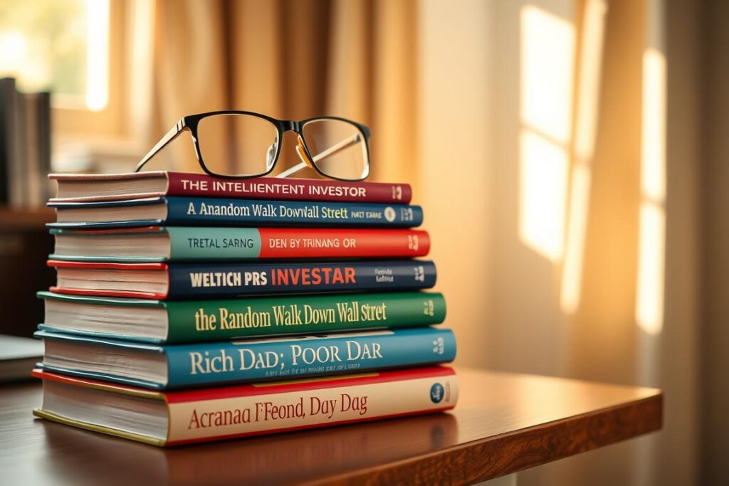 A neatly organized collection of finance and investing books on a wooden desk, illuminated by warm, natural light streaming through a window. The books feature vibrant covers in shades of blue, green, and red, their spines displaying titles such as "The Intelligent Investor," "A Random Walk Down Wall Street," and "Rich Dad, Poor Dad." A pair of reading glasses rests atop the stack, conveying a sense of contemplation and study. The background is slightly blurred, placing the focus on the subject matter and evoking a sense of tranquility and concentration.