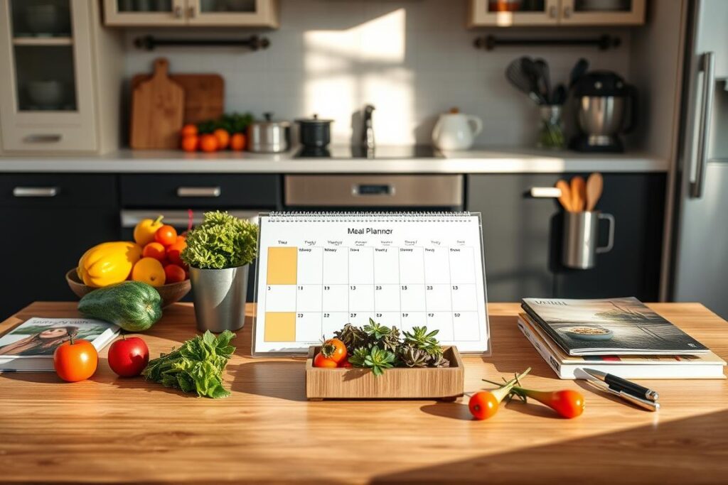 A neatly organized kitchen table with a colorful weekly meal planner, surrounded by fresh produce, recipe books, and a few kitchen utensils. The lighting is soft and natural, casting a warm glow on the scene. The composition is balanced, with the meal planner taking center stage, while the supporting elements complement it without overshadowing. The overall atmosphere is one of calm, focused productivity, conveying the idea of effortless meal planning for a busy household.