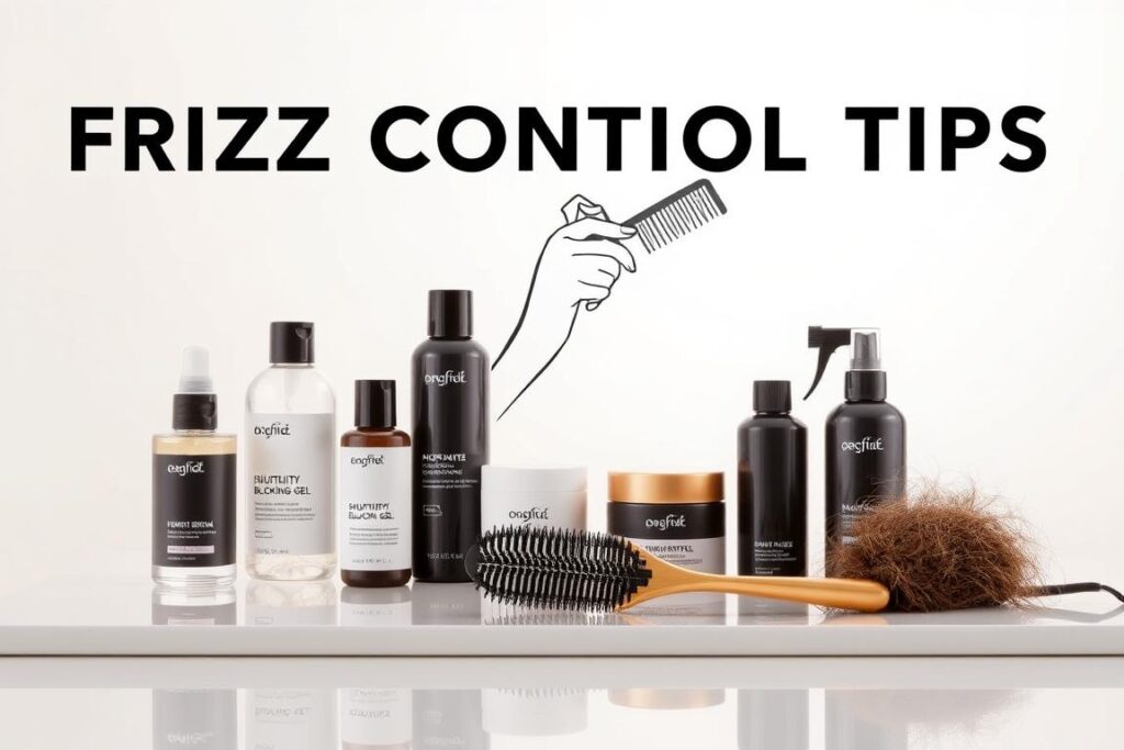 A neatly organized set of frizz control tips presented in a clean, minimal style. The foreground features a selection of hair care products such as smoothing serum, humidity-blocking gel, and anti-frizz spray, artfully arranged on a sleek, reflective surface. The middle ground showcases a stylized hand holding a comb, demonstrating effortless application techniques. The background is a soft, ethereal gradient, providing a sense of balance and sophistication. The lighting is soft and diffused, creating a gentle, inviting atmosphere. This image conveys an aspirational yet attainable vision of effortless haircare for those with frizzy, unruly hair.