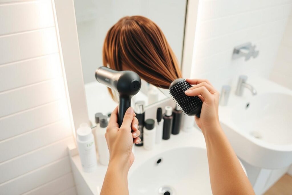 A neatly organized vanity filled with an array of haircare products, including a sleek hairdryer, a round brush, and various styling tools. A person's hands gently styling their hair, using the tools with precision and care. Soft, diffused lighting illuminates the scene, casting a warm, inviting glow. The background is a serene, minimalist bathroom setting, with clean white tiles and a modern sink. The overall atmosphere is one of calm, focused self-care, emphasizing the importance of a daily haircare routine for achieving gorgeous, healthy hair.