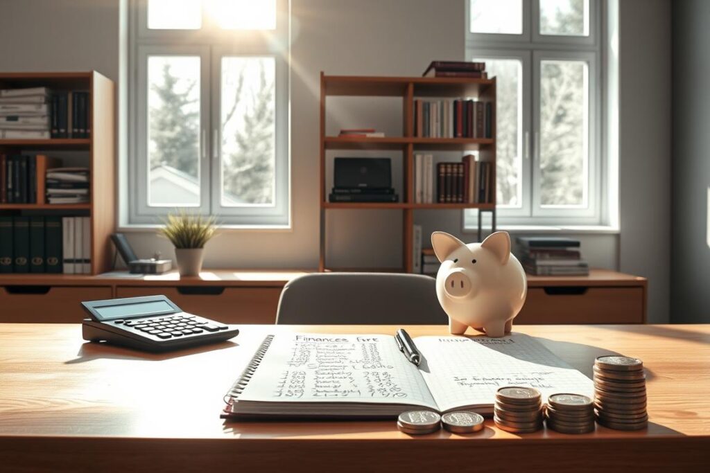 A neatly organized workspace with a minimalist design, sunlight streaming in through large windows, illuminating a wooden desk and shelves stocked with finance books. On the desk, a calculator, a pen, and a notebook with handwritten notes on budgeting and money management. In the foreground, a piggy bank and a stack of coins, symbolizing the act of saving. The overall atmosphere is one of focus, efficiency, and a sense of financial responsibility.