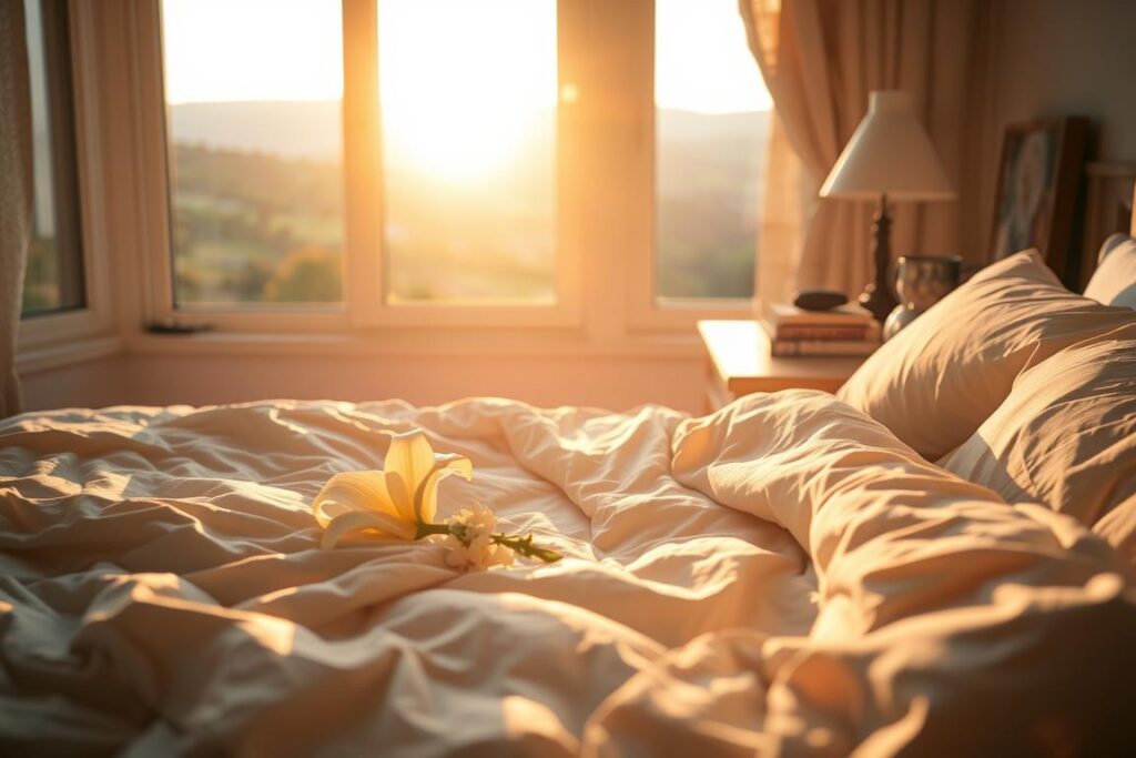A peaceful bedroom bathed in warm, golden light from a setting sun. In the foreground, a cozy bed with soft, rumpled sheets invites the viewer to rest. Resting on the pillow, a single white lily symbolizes the tranquility and rejuvenation of sleep. In the middle ground, a nightstand holds a steaming mug of herbal tea, a small stack of books, and a few river stones, conveying a sense of mindful self-care. The background reveals a panoramic view of a lush, rolling landscape, hinting at the restorative power of nature. An overall atmosphere of calm, rest, and stress relief permeates the scene.