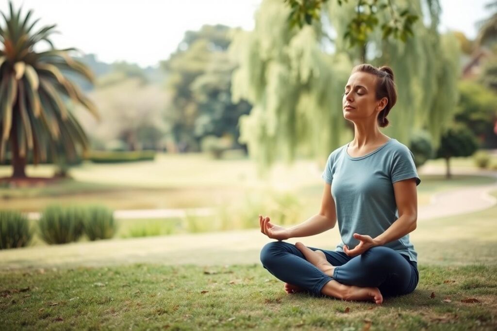 A peaceful garden scene with a person practicing mindfulness and relaxation techniques. In the foreground, a person sits cross-legged on the ground, their eyes closed and hands resting on their knees in a meditative pose. The background features a lush, verdant landscape with swaying trees, a tranquil pond, and a cloudless sky. Soft, diffused natural lighting creates a calming, soothing atmosphere. The scene conveys a sense of serenity, balance, and inner peace, reflecting the effective alternative treatments for anxiety.