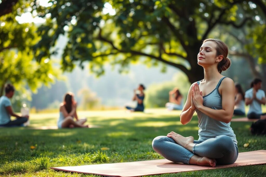 A peaceful, tranquil scene depicting various mindfulness exercises for stress relief. In the foreground, a person sits cross-legged on a yoga mat, eyes closed, hands in a meditative pose. Surrounding them, scattered throughout the middle ground, are other people engaged in different mindfulness practices - deep breathing, gentle stretching, and quiet contemplation. The background features a serene natural landscape, with soft lighting filtering through lush foliage, creating a calming, restorative atmosphere. The overall mood is one of introspection, relaxation, and inner balance.