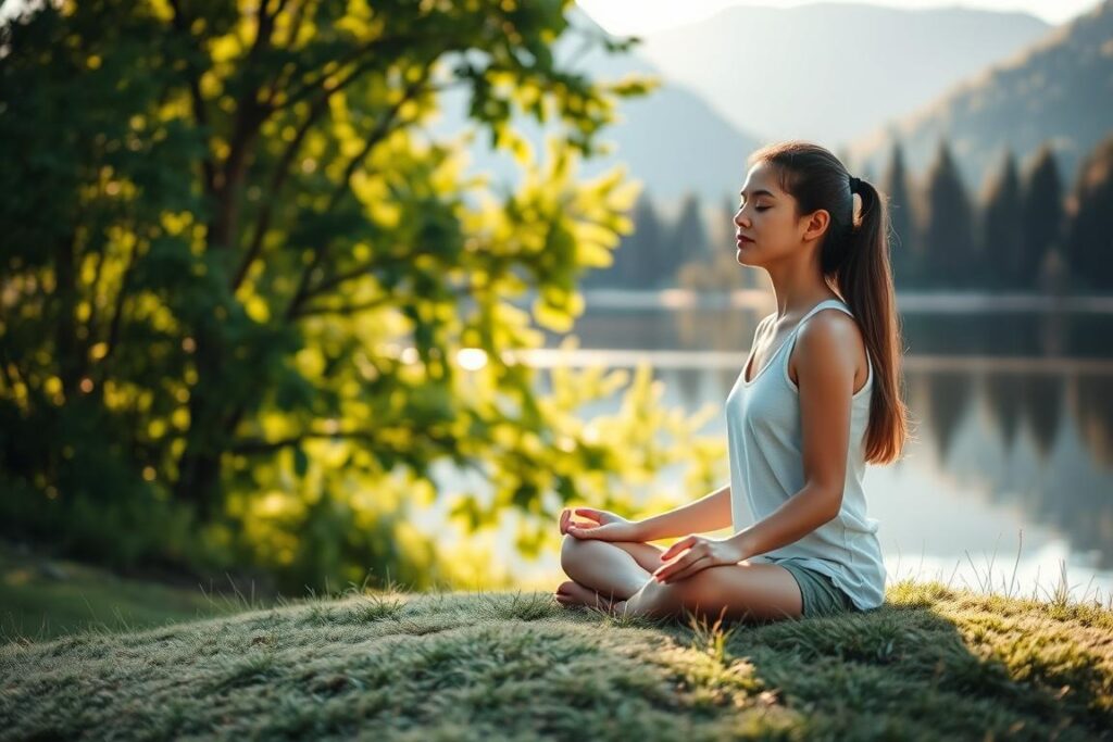 A peaceful, tranquil scene of a young person practicing mindfulness exercises in a serene natural setting. In the foreground, a woman sits cross-legged on a soft, grassy knoll, her eyes gently closed as she focuses inward. Warm, diffused sunlight filters through lush foliage in the middle ground, casting a soft, calming glow. In the background, a serene lake reflects the surrounding trees and mountains, creating a sense of balance and harmony. The overall atmosphere is one of calm, introspection, and a connection to the natural world.