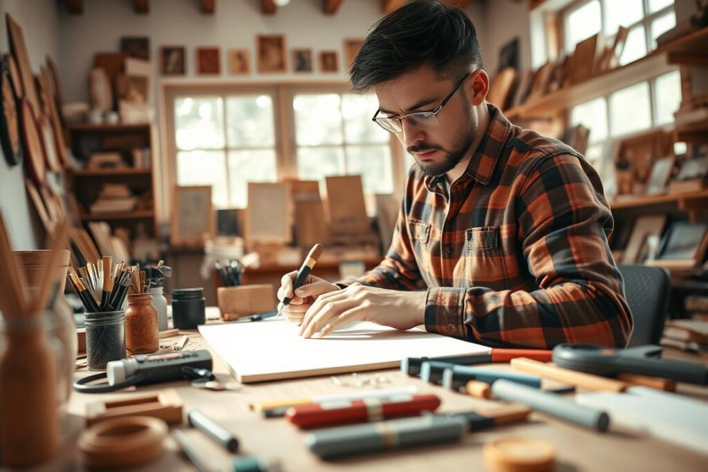 A person engrossed in a creative hobby, such as painting or woodworking, surrounded by their tools and materials. The subject is in a well-lit, cozy home studio, with natural light streaming in from large windows. The middle ground features the person's hands skillfully at work, demonstrating their mastery of the craft. In the background, shelves display an array of finished projects, symbolizing the journey of self-improvement through dedicated practice. The overall scene conveys a sense of focus, accomplishment, and the fulfillment that can be found in channeling one's passions into personal growth.