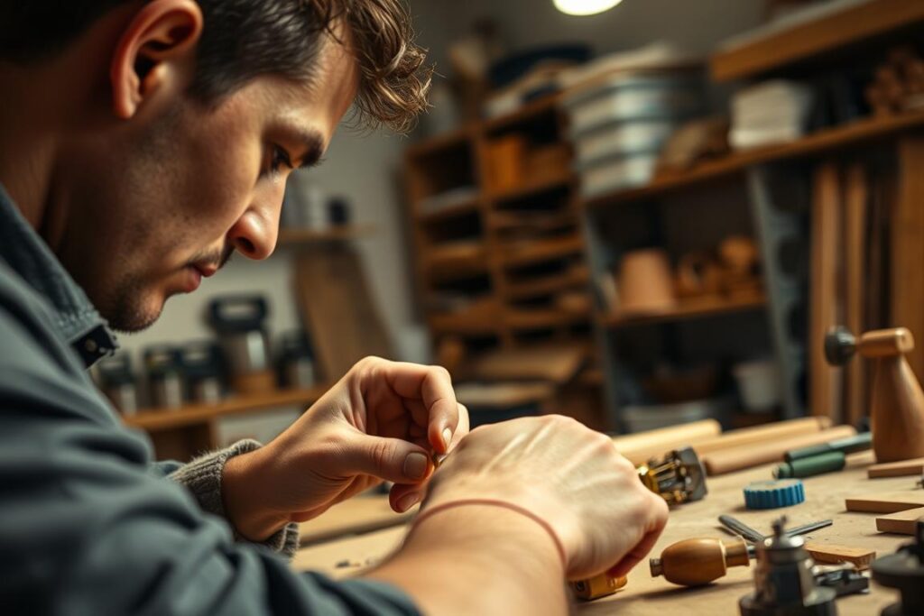 A person performing a complex task, their hands skillfully manipulating tools and materials with precision. The foreground captures the focus and concentration on their face, while the middle ground shows the practical application of their learned abilities. The background depicts a well-equipped workshop or studio, with shelves of organized supplies and a sense of order. Warm, focused lighting illuminates the scene, casting subtle shadows that accentuate the textures and forms. The overall mood conveys a sense of dedication, mastery, and the rewarding nature of skill development.