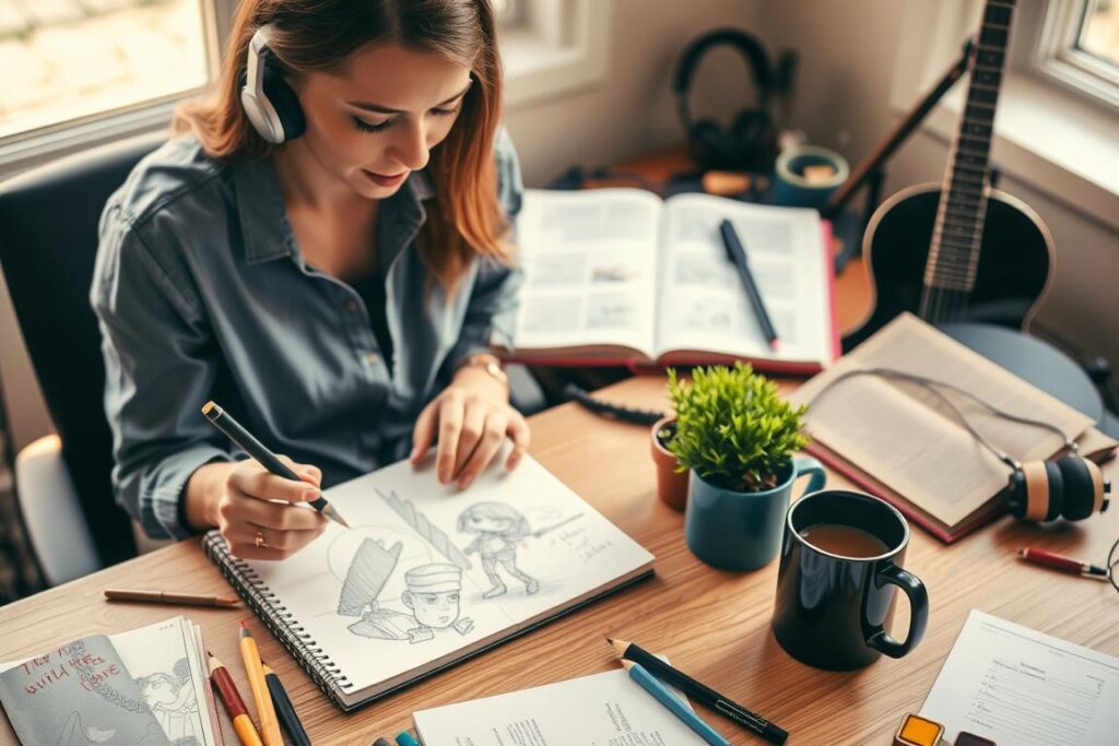 A person sitting at a desk, immersed in a variety of hobbies. In the foreground, they are sketching in a sketchbook, surrounded by art supplies. In the middle ground, they have a small potted plant and a mug of coffee. The background features an open book, a pair of headphones, and a set of musical instruments, representing the integration of diverse interests into their daily routine. Warm, natural lighting illuminates the scene, creating a cozy and productive atmosphere. The overall composition conveys a sense of balance and harmony between work and personal pursuits.