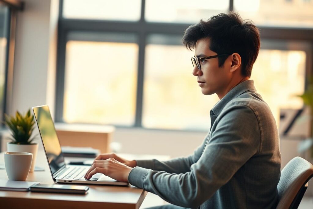 A person sitting at a desk, searching for "psychiatrist" on a laptop screen. The room is well-lit, with warm natural lighting filtering through large windows. The desk is neatly organized, with a potted plant and a cup of coffee nearby. The person's expression is focused and determined, conveying a sense of purpose in finding the right mental health professional. The background is blurred, emphasizing the task at hand. The overall mood is one of thoughtfulness and proactivity, reflecting the importance of seeking professional help.