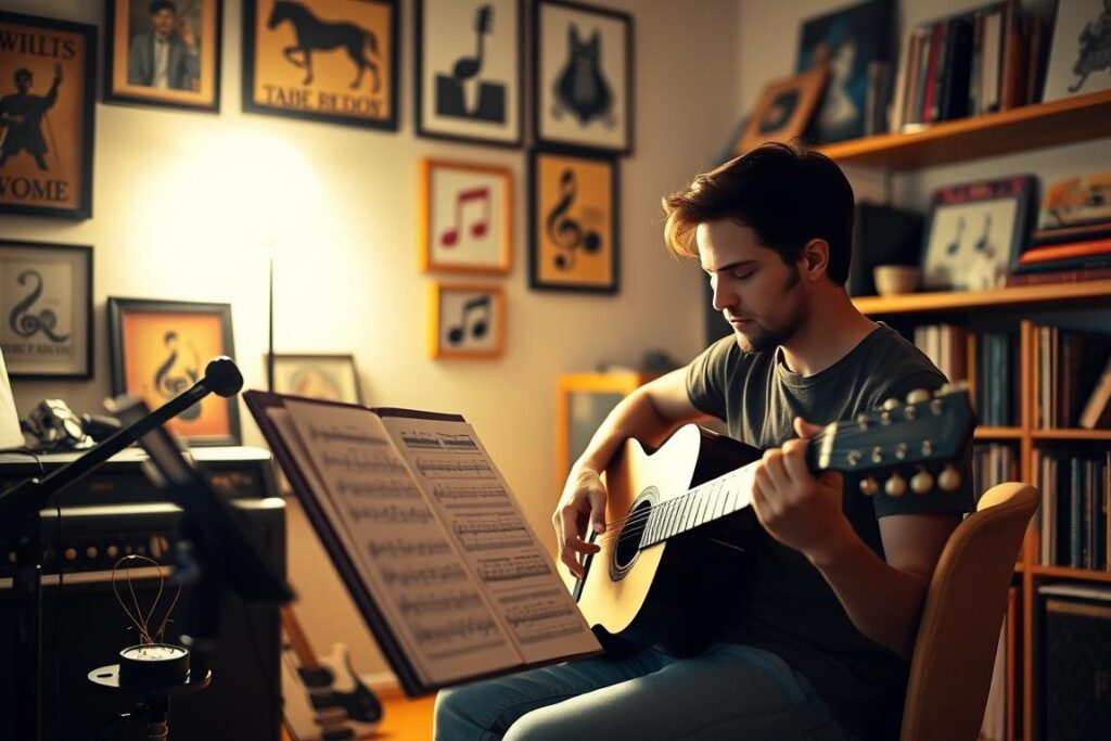 A person sitting in a cozy, well-lit home studio, intently focused on learning to play a guitar. The mid-ground features a music stand with sheet music, and various musical accessories like a metronome and tuner. The background showcases a wall of framed music-themed artwork and shelves filled with books and records, creating a warm, inspirational atmosphere conducive to personal growth through music. Soft, diffused lighting casts a gentle glow, evoking a sense of tranquility and dedication to the craft. The scene conveys the joy and discipline of mastering a musical instrument as a hobby for self-improvement.
