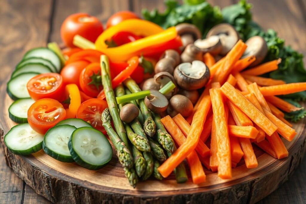 A platter of freshly prepared low-carb vegetable snacks, elegantly arranged on a rustic wooden board. In the foreground, slices of crisp cucumber, juicy tomatoes, and crunchy carrot sticks. In the middle, vibrant bell pepper strips and tender asparagus spears. In the background, clusters of earthy mushrooms and leafy kale chips. Soft, even lighting casts a warm glow, highlighting the natural textures and colors of the seasonal produce. The composition exudes a sense of healthfulness and simplicity, perfectly capturing the essence of nutritious vegetable snacks for diabetics.