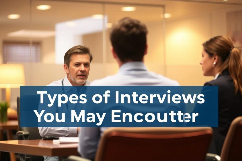 A professional office setting, with a recruiter interviewing a candidate across a desk. The recruiter has a thoughtful, focused expression, while the candidate appears poised and engaged. Warm, diffused lighting casts a pleasant glow, creating a sense of warmth and professionalism. The background is blurred, drawing the viewer's attention to the central figures. The scene captures the anticipation and importance of the interview process, conveying the essence of the "Types of Interviews You May Encounter" section.