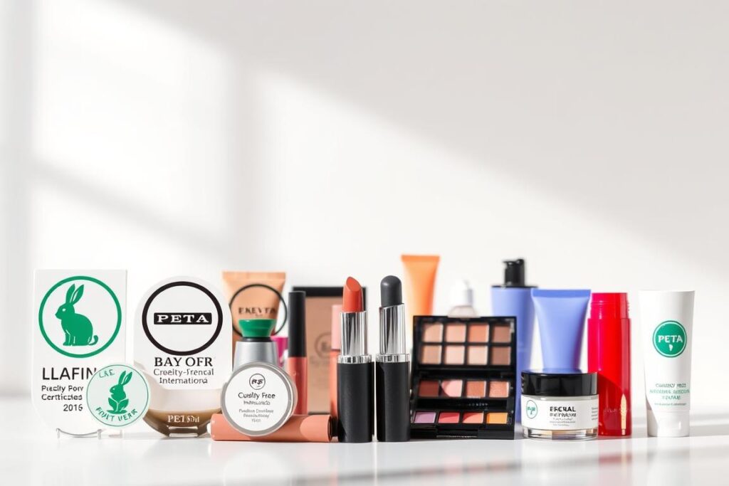 A richly detailed still life of various cruelty-free cosmetics certifications against a clean, white background. In the foreground, several recognizable certification logos are prominently displayed, such as the Leaping Bunny, PETA, and Cruelty-Free International seals. The middle ground features a collection of colorful, high-quality cosmetic products - lipsticks, eyeshadow palettes, moisturizers - all adorned with these ethical badges. The lighting is soft and diffused, casting gentle shadows and highlighting the sleek, modern packaging design. The overall mood is one of transparency, authenticity, and a commitment to responsible, animal-friendly beauty.