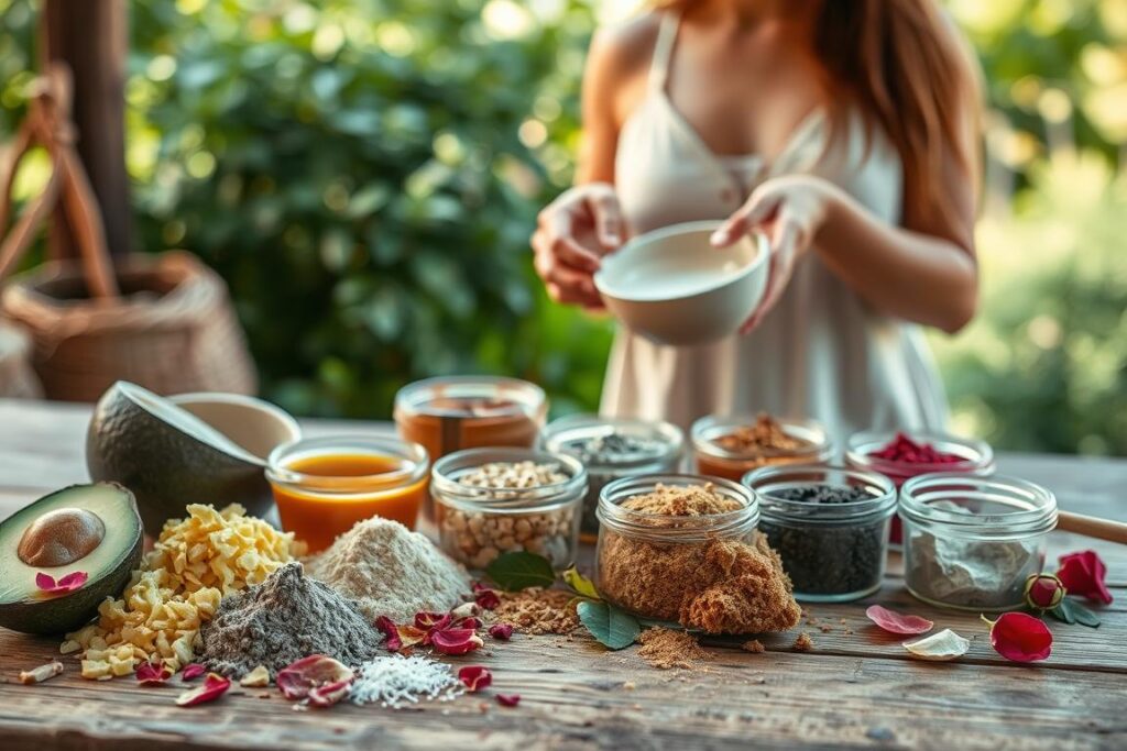 A rustic and earthy scene showcasing a variety of homemade natural face masks. In the foreground, an array of ingredients such as crushed avocado, honey, clay, and rose petals are artfully displayed on a wooden table. In the middle ground, the hands of a person carefully mixing and preparing the face mask mixtures in small bowls. The background features a tranquil outdoor setting with lush greenery, soft natural lighting, and a sense of calming simplicity. The overall aesthetic conveys a soothing, nourishing, and sustainable approach to skincare. 35mm, warm lighting, shallow depth of field.