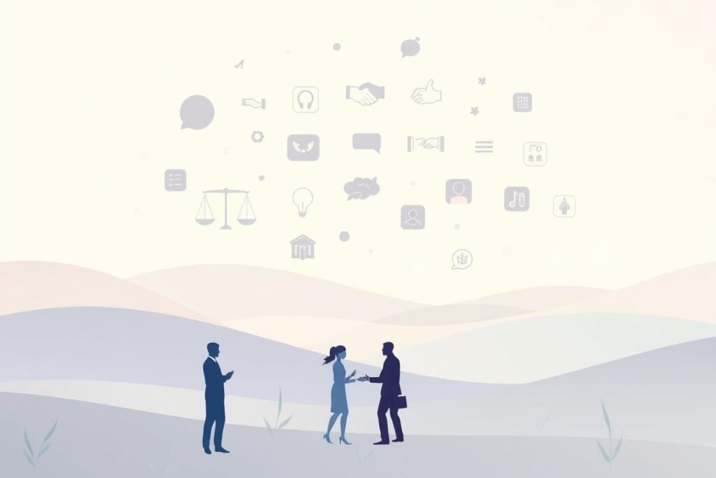 A serene, abstract landscape showcasing various conflict resolution techniques. In the foreground, figures representing different parties engage in mediation, their gestures and body language conveying compromise and understanding. In the middle ground, an array of symbolic tools such as scales, handshakes, and dialoguing icons float in a tranquil, pastel-hued environment. The background features a harmonious blend of soft-edged shapes and muted colors, creating a sense of balance and calm. The overall composition emanates a soothing, contemplative atmosphere, inviting the viewer to reflect on the power of constructive dialogue and peaceful conflict resolution.