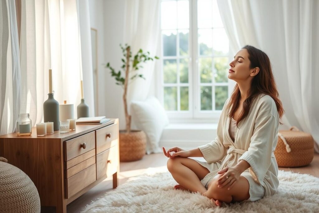 A serene, airy bedroom bathed in soft, natural light. On a wooden dresser, an array of self-care essentials - scented candles, a plush robe, a journal, and a cup of herbal tea. In the foreground, a woman sits cross-legged on a plush rug, eyes closed in quiet meditation, her face radiating a sense of calm and inner peace. Through the window, a lush garden scene unfolds, adding to the tranquil atmosphere. The overall mood is one of mindfulness, balance, and a devotion to personal well-being.