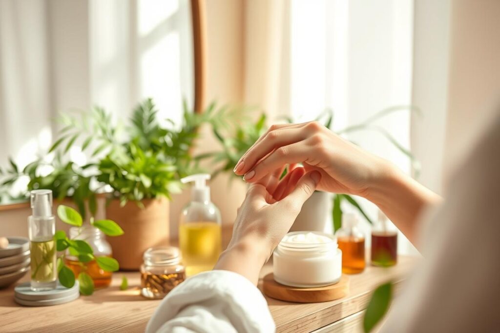 A serene and soothing skincare routine unfolding in a soft, natural light. In the foreground, delicate hands gently massage a nourishing cream into glowing, sensitive skin. Minimalist glass jars and bottles filled with botanical essences rest on a wooden vanity, surrounded by lush, verdant plants. The background is a warm, neutral-toned space with airy, diffused lighting, creating a sense of calm and tranquility. The entire scene evokes a feeling of self-care, rejuvenation, and harmony - a sanctuary for sensitive skin during seasonal changes.