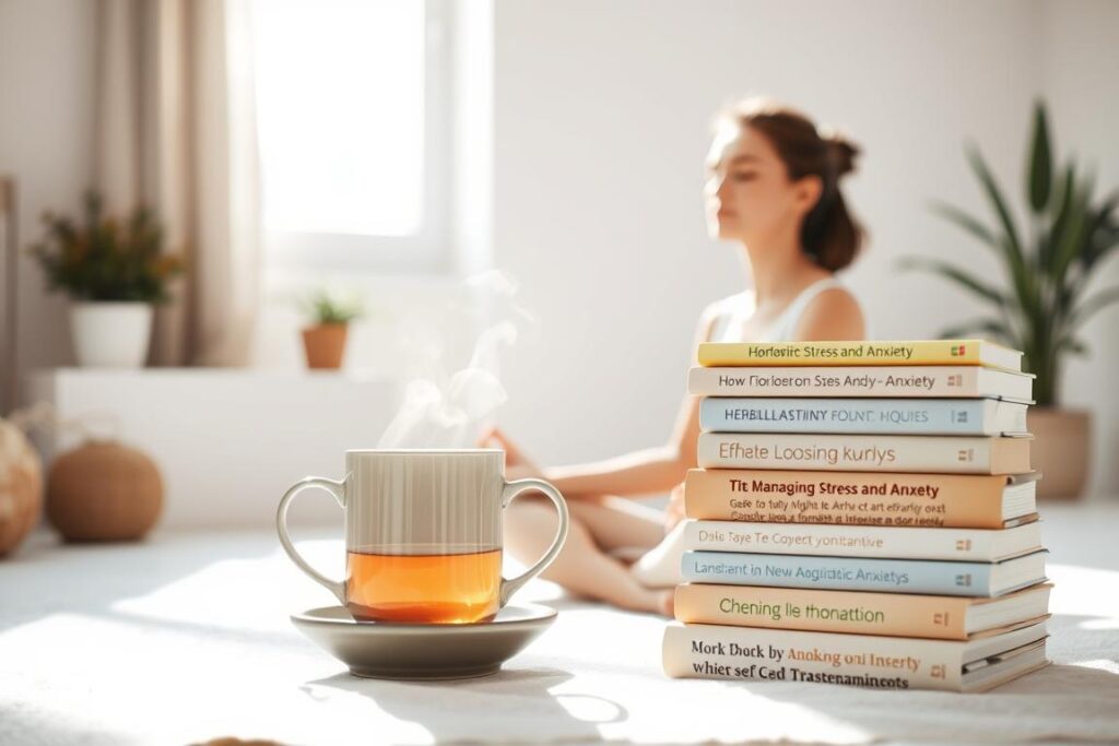 A serene and tranquil scene of a person practicing various anxiety management techniques. In the foreground, a person sits in a comfortable meditation pose, eyes closed, hands resting gently on their lap. Soft, diffused natural light filters through a window, casting a calming glow. In the middle ground, a stack of self-help books on managing stress and anxiety is visible, along with a steaming mug of herbal tea. The background depicts a minimalist, airy room with soothing neutral tones and natural elements like potted plants, creating a peaceful, restorative atmosphere. The overall composition conveys a sense of mindfulness, self-care, and effective coping strategies for conquering anxiety.