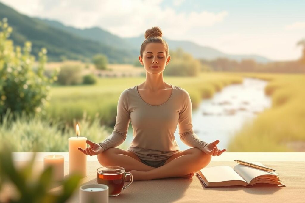 A serene, calming scene depicting various mindfulness and emotional self-care techniques. In the foreground, a person is seated in a meditative pose, their eyes closed, surrounded by soothing colors and soft lighting. In the middle ground, there are symbols of relaxation such as a flickering candle, a cup of herbal tea, and a journal with a pen. The background features a tranquil natural landscape, with lush greenery, a gentle stream, and a clear sky. The scene radiates a sense of peace and balance, inviting the viewer to engage in introspective self-reflection and mental well-being. A serene, calming scene depicting various mindfulness and emotional self-care techniques. In the foreground, a person is seated in a meditative pose, their eyes closed, surrounded by soothing colors and soft lighting. In the middle ground, there are symbols of relaxation such as a flickering candle, a cup of herbal tea, and a journal with a pen. The background features a tranquil natural landscape, with lush greenery, a gentle stream, and a clear sky. The scene radiates a sense of peace and balance, inviting the viewer to engage in introspective self-reflection and mental well-being.