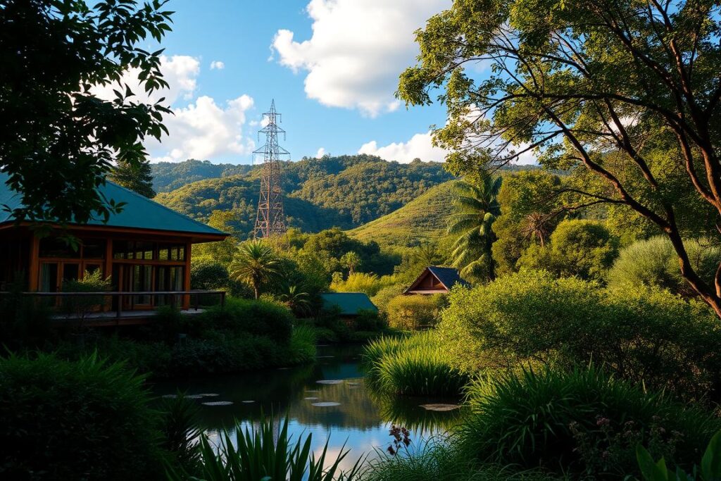 A serene, eco-friendly resort nestled amidst lush, verdant foliage. In the foreground, a modern, timber-framed building with large windows and a green roof blends seamlessly with the natural surroundings. The middle ground features a tranquil pond, its surface reflecting the azure sky and fluffy clouds above. In the background, rolling hills covered in dense, diverse flora create a picturesque, sustainable landscape. Warm, golden sunlight filters through the canopy, casting a gentle glow over the scene. The overall atmosphere conveys a sense of harmony, comfort, and environmental consciousness.