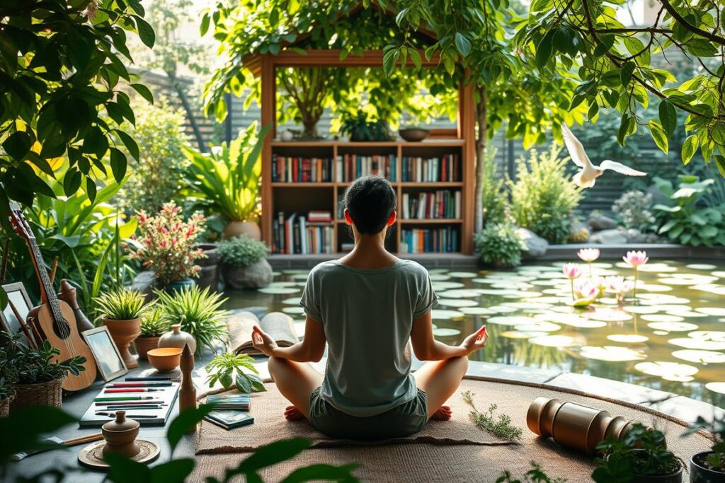 A serene garden sanctuary, with soft natural light filtering through lush foliage. In the foreground, a person sits cross-legged, eyes closed, engaged in meditative practice. Surrounding them, an arrangement of art supplies, musical instruments, and botanical elements, reflecting a holistic approach to wellness. In the middle ground, a cozy reading nook with shelves of inspirational books. The background features a tranquil pond, with floating lotus blossoms and the silhouettes of birds in flight, conveying a sense of tranquility and inner harmony.