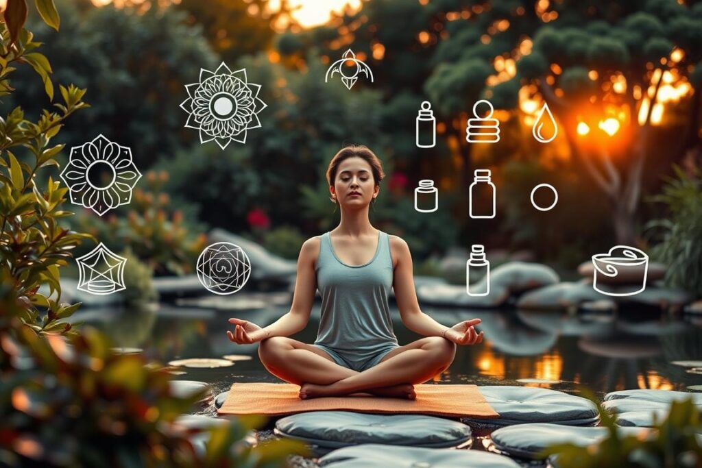 A serene garden setting with lush foliage and a tranquil pond. In the foreground, a person is seated in a comfortable lotus position, eyes closed, hands resting gently on their lap, exuding an aura of inner peace. The middle ground features various holistic wellness symbols and icons, such as a mandala, essential oils, and meditation cushions. The background showcases a warm, softly lit environment with a gentle sunset glow, creating a calming and rejuvenating atmosphere. The overall scene conveys a sense of balance, harmony, and the power of a holistic approach to stress management.