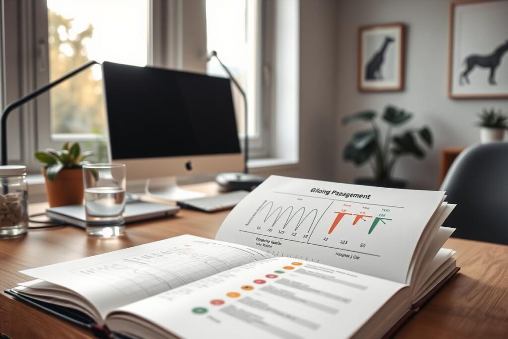 A serene home office setting, with a desk featuring a modern computer, a notepad, and a glass of water. In the foreground, an open book showcases diagrams and charts related to blood pressure management, including numerical targets and lifestyle considerations. Soft, natural lighting filters through large windows, casting a calming glow over the scene. A potted plant and a minimalist wall art piece add touches of greenery and serenity. The overall mood is one of focused, attentive contemplation, reflecting the importance of setting realistic goals for blood pressure management.