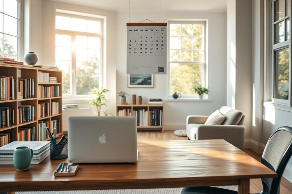 A serene home office space, flooded with warm natural light from large windows. In the foreground, a wooden desk with a sleek, modern laptop and a neatly organized array of stationery supplies. Suspended above, a minimalist wall calendar keeps track of the days. In the middle ground, bookshelves filled with volumes on productivity and self-improvement flank the desk, hinting at the owner's passion for personal growth. The background features a cozy sitting area with a plush armchair, where the individual can unwind between focused work sessions. Overall, the scene conveys a sense of balanced time management, where dedicated work on hobbies and personal development harmoniously coexist.
