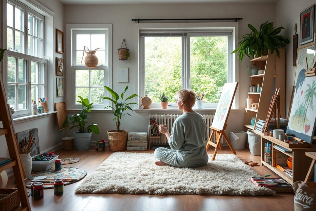 A serene home studio filled with natural light, where a person sits cross-legged on a plush rug, focused on their canvas, paintbrush in hand. Vibrant paints and art supplies speckle the space, while a window overlooking a lush garden offers a calming view. The atmosphere exudes a sense of mindfulness and creative flow, reflecting the restorative power of hobbies in nurturing mental well-being.
