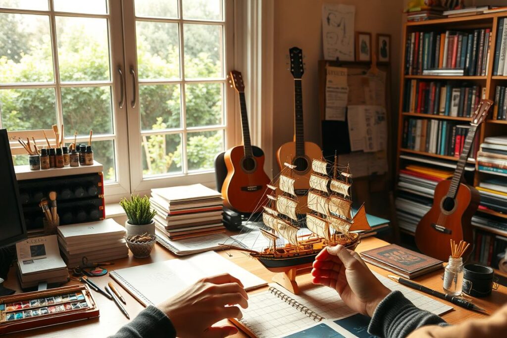 A serene home workspace, bathed in warm, natural lighting from a large window. In the foreground, a person diligently crafting an intricate model ship, their hands delicately manipulating the tiny pieces with focused precision. In the middle ground, a carefully curated collection of hobbies and tools - a set of paints and brushes, a stack of sketchbooks, a guitar, and a bookshelf filled with inspiring volumes. The background depicts a lush, verdant garden, visible through the window, conveying a sense of tranquility and connection to the natural world. This scene embodies the discipline, patience, and personal growth that can be cultivated through immersive hobbies.