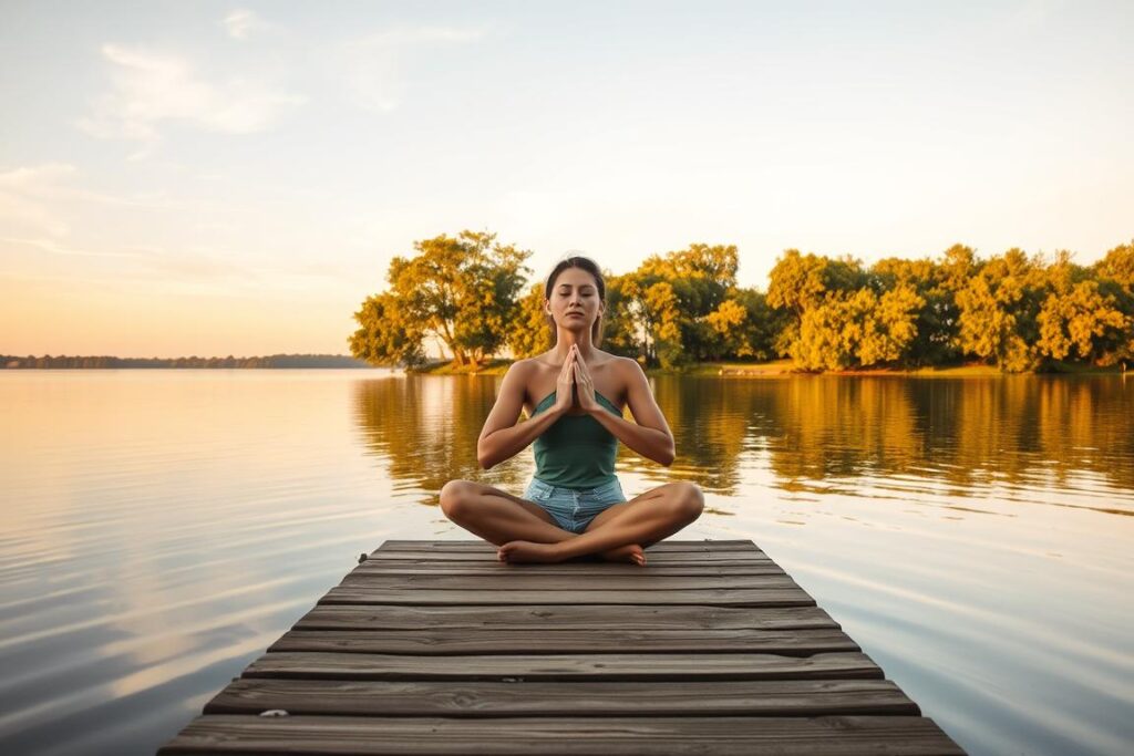 A serene lakeside setting, with a person sitting cross-legged on a wooden dock, eyes closed, hands resting gently on their lap, embodying deep meditation. The water is still and reflective, mirroring the tranquil sky above, cast in golden hour hues. Lush, verdant trees line the shore, their leaves rustling softly in a gentle summer breeze. The atmosphere is one of profound calm and mindfulness, inviting the viewer to pause and find their own inner peace.