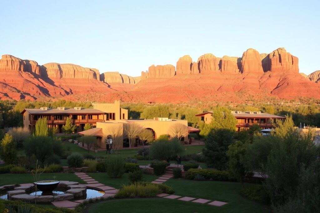 A serene landscape of Sedona, Arizona, showcasing the region's renowned wellness retreats. In the foreground, a tranquil meditation garden with lush greenery, water features, and smooth stone paths inviting visitors to find inner peace. In the middle ground, contemporary yet rustic spa buildings seamlessly blended into the striking red rock formations that define the Sedona skyline. The background is dominated by the majestic buttes and mesas, bathed in the warm, golden light of the southwestern sun, creating an atmosphere of rejuvenation and spiritual renewal. The image captures the essence of Sedona as a premier wellness destination, where nature, architecture, and holistic practices converge to offer a transformative experience.