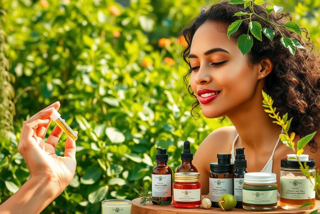 A serene landscape of lush greenery and soothing natural hues. In the foreground, a woman's hands gently massage a natural facial serum, her expression radiant and calm. The middle ground showcases an array of sustainably sourced beauty products, each bottle and jar reflecting the warm glow of natural lighting. In the background, a verdant garden thrives, its vibrant colors and textures a testament to the power of nature. The entire scene exudes a sense of tranquility, inviting the viewer to embrace a sustainable approach to beauty and wellness.