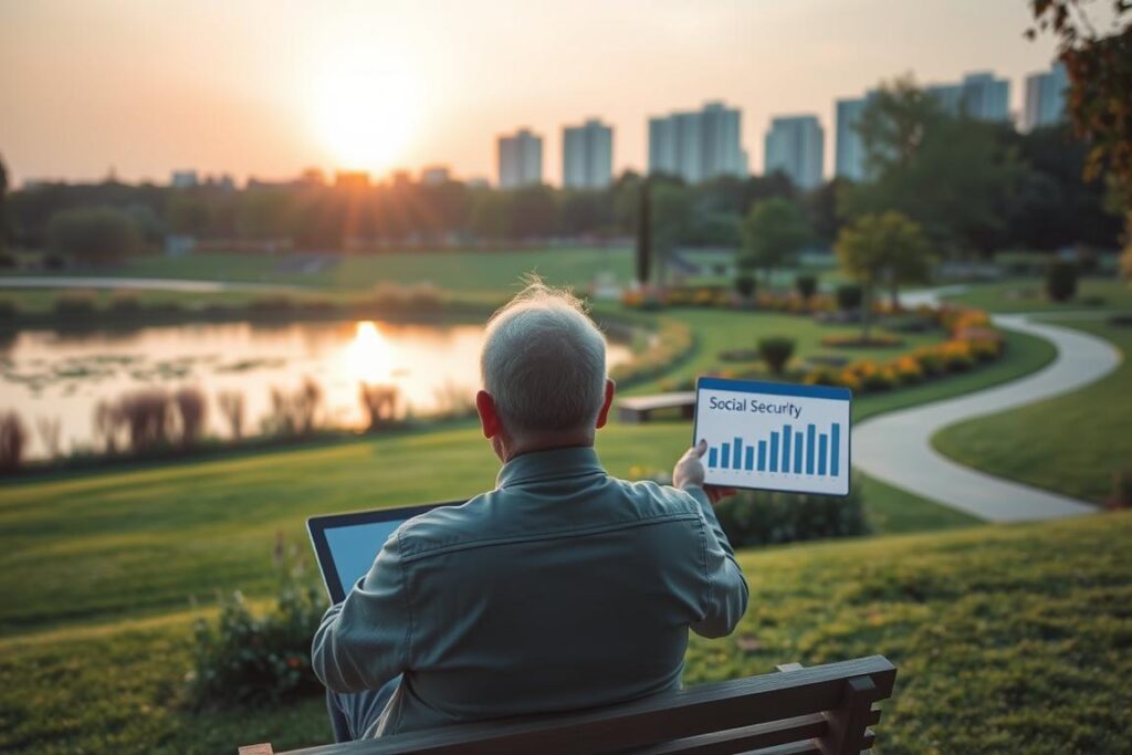 A serene landscape with a peaceful pond reflecting the setting sun. In the foreground, a retiree sits on a bench, gazing thoughtfully at a graphical representation of Social Security benefits on a tablet. The middle ground features a lush garden with carefully tended flowers and a winding path. The background showcases a skyline of modern buildings, suggesting a prosperous urban environment. Soft, warm lighting bathes the scene, creating a contemplative and optimistic atmosphere. The overall composition conveys the idea of retirement income planning, with the retiree's contemplative pose and the visual references to Social Security and financial stability.
