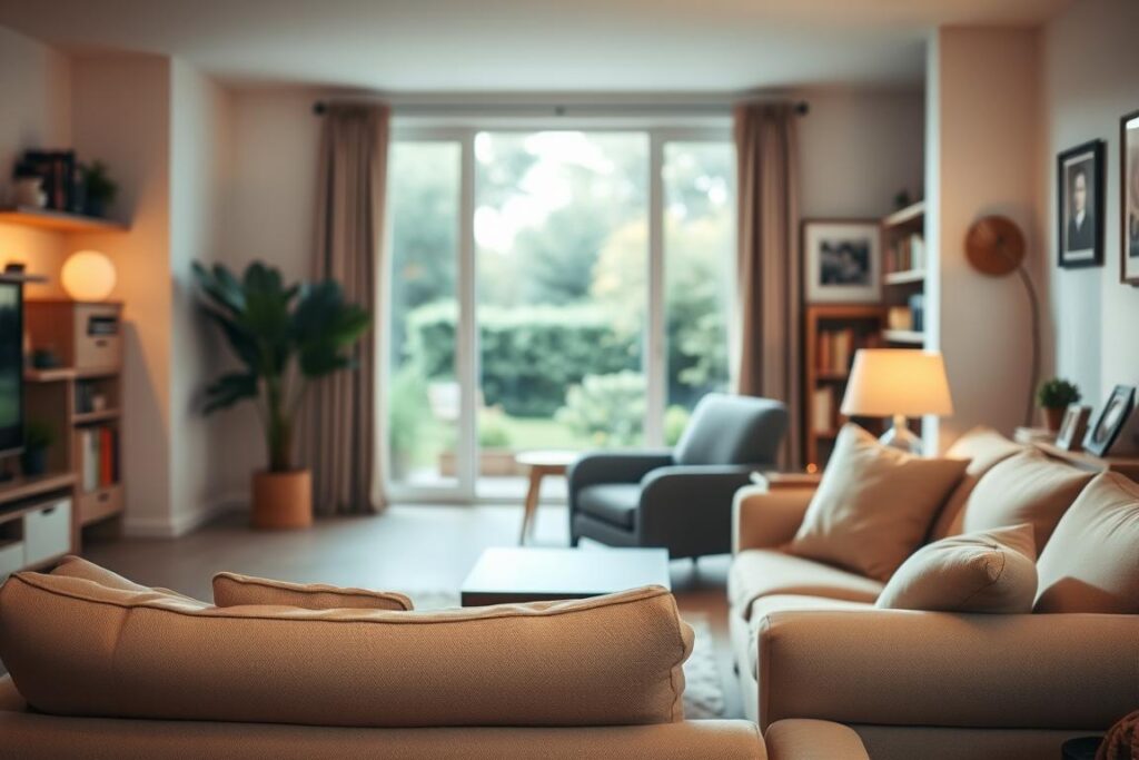 A serene living room scene with soft, warm lighting. In the foreground, a comfortable couch and armchair, subtly separated by a wooden side table, creating a sense of personal space. The middle ground features a large window, framing a tranquil garden outside, blurring the boundaries between indoor and outdoor. In the background, bookshelves and family photos on the walls, suggesting a cozy, private domain. The atmosphere conveys a balance between social interaction and personal retreat, reflecting the notion of creating boundaries for a shift worker's well-being.