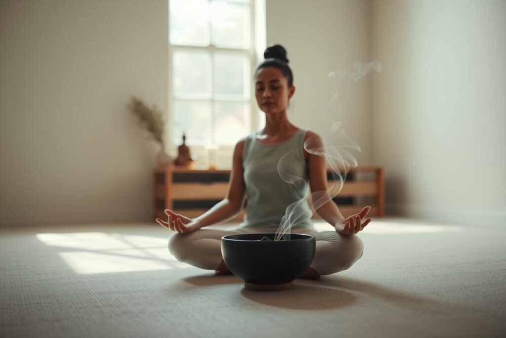 A serene, minimalist scene depicting various mindfulness techniques. In the foreground, a person sits in a comfortable lotus position, eyes closed, hands in a meditative mudra. Soft natural light filters through a window, casting gentle shadows. In the middle ground, a bowl of incense burns, sending wispy tendrils of fragrant smoke swirling. In the background, a simple altar or shrine holds a candle, a small Buddha statue, and other symbolic objects. The overall atmosphere is one of tranquility, introspection, and quiet focus, inviting the viewer to feel a sense of inner peace and well-being.